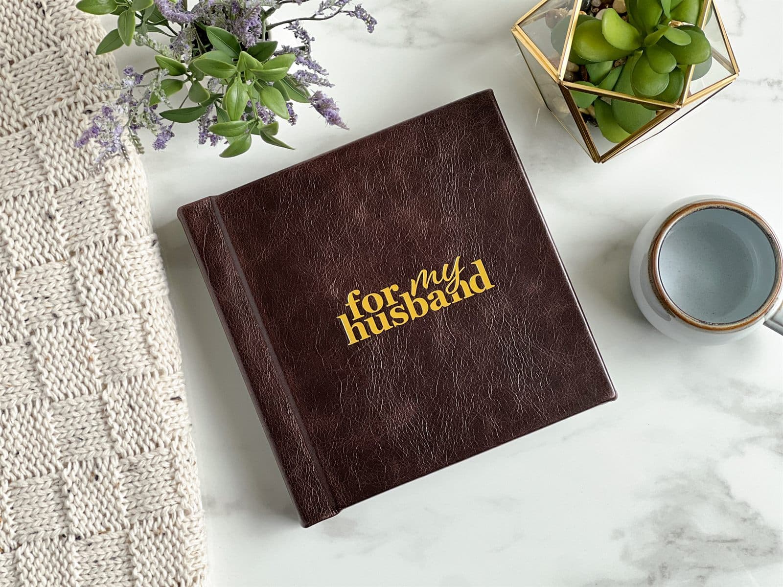 Dark brown leather boudoir album stamped for my husband in gold foil
