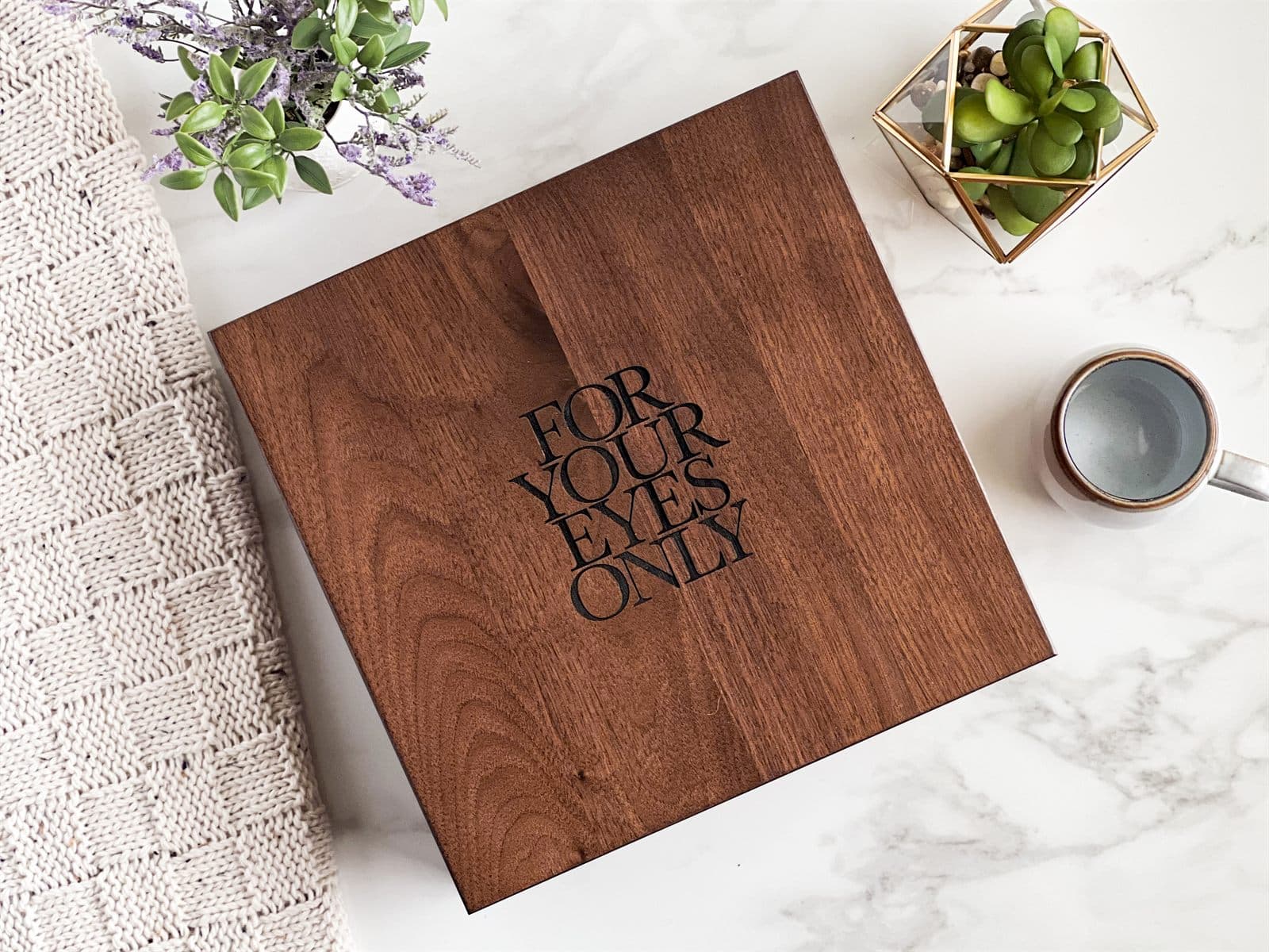 Handmade walnut album presentation box stamped For Your Eyes Only