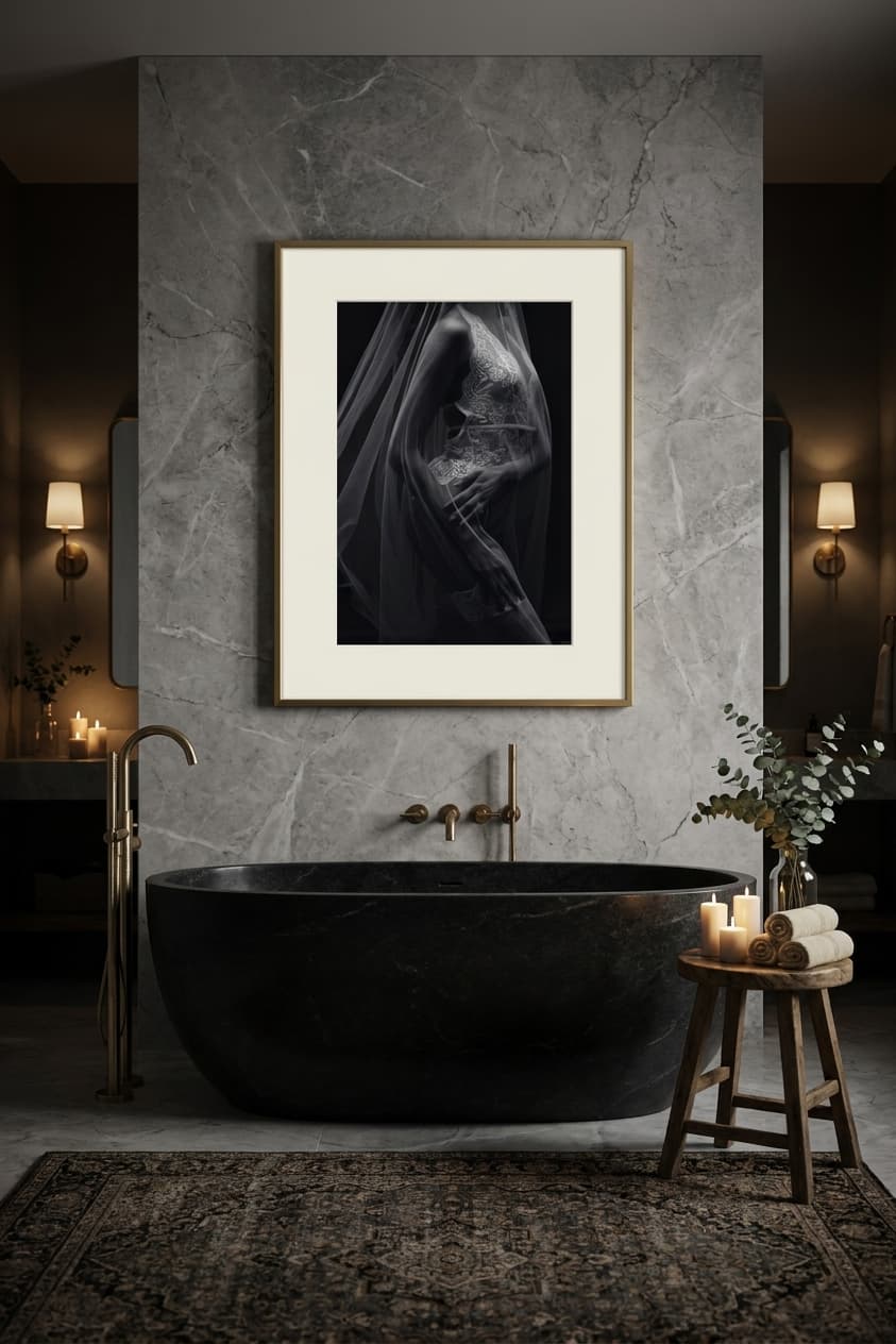 A framed fine art boudoir print on the marble wall of a dimly lit luxury bathroom, above a black stone soaking tub