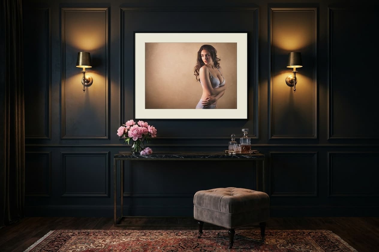Framed fine art boudoir print on a paneled wall above a marble console in a dressing room